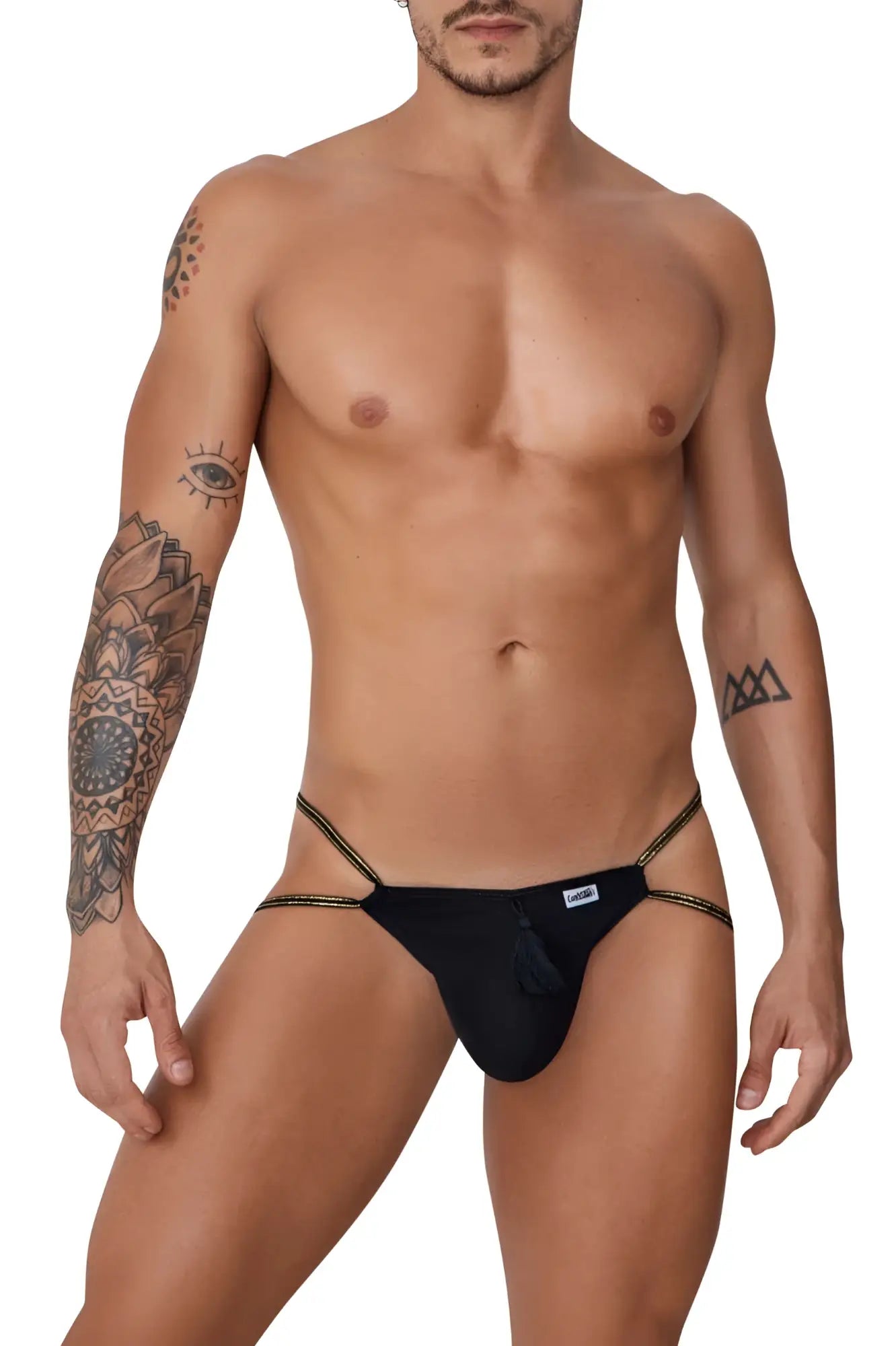 Black CandyMan 99756 fringe thong with gold trim and front tassel designed for stylish lingerie wear