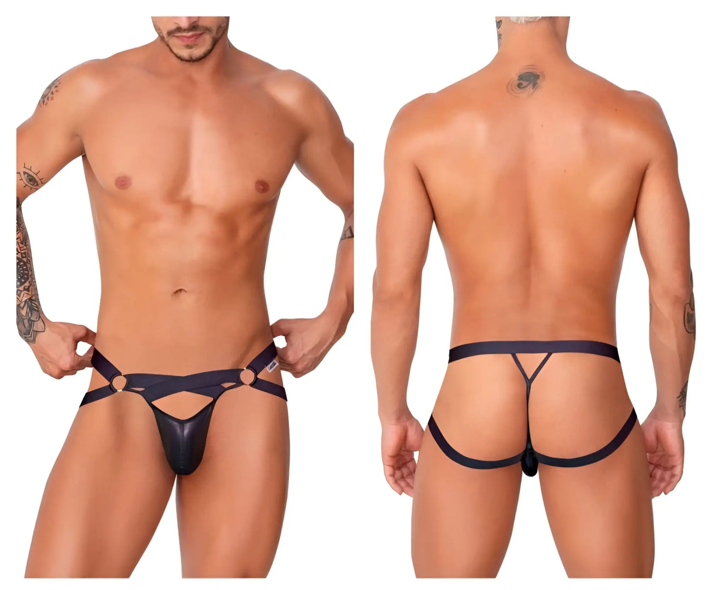 Black latex thong candyMan 99761 jock g-string with wide supportive straps and distinctive cutout design back view
