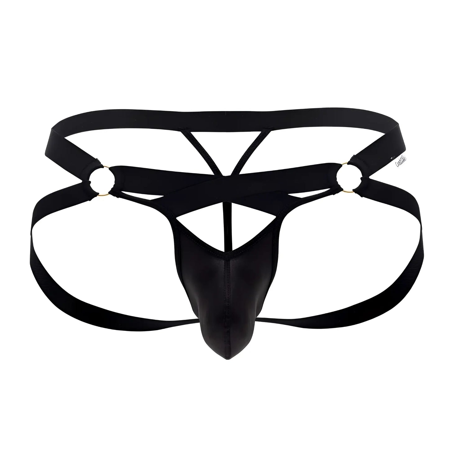 Black leather-like men’s thong with crisscrossing straps and metallic rings candyMan 99761 Jock G-string in black