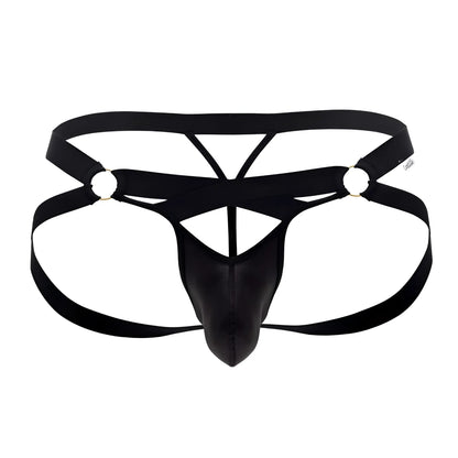 Black leather-like men’s thong with crisscrossing straps and metallic rings candyMan 99761 Jock G-string in black