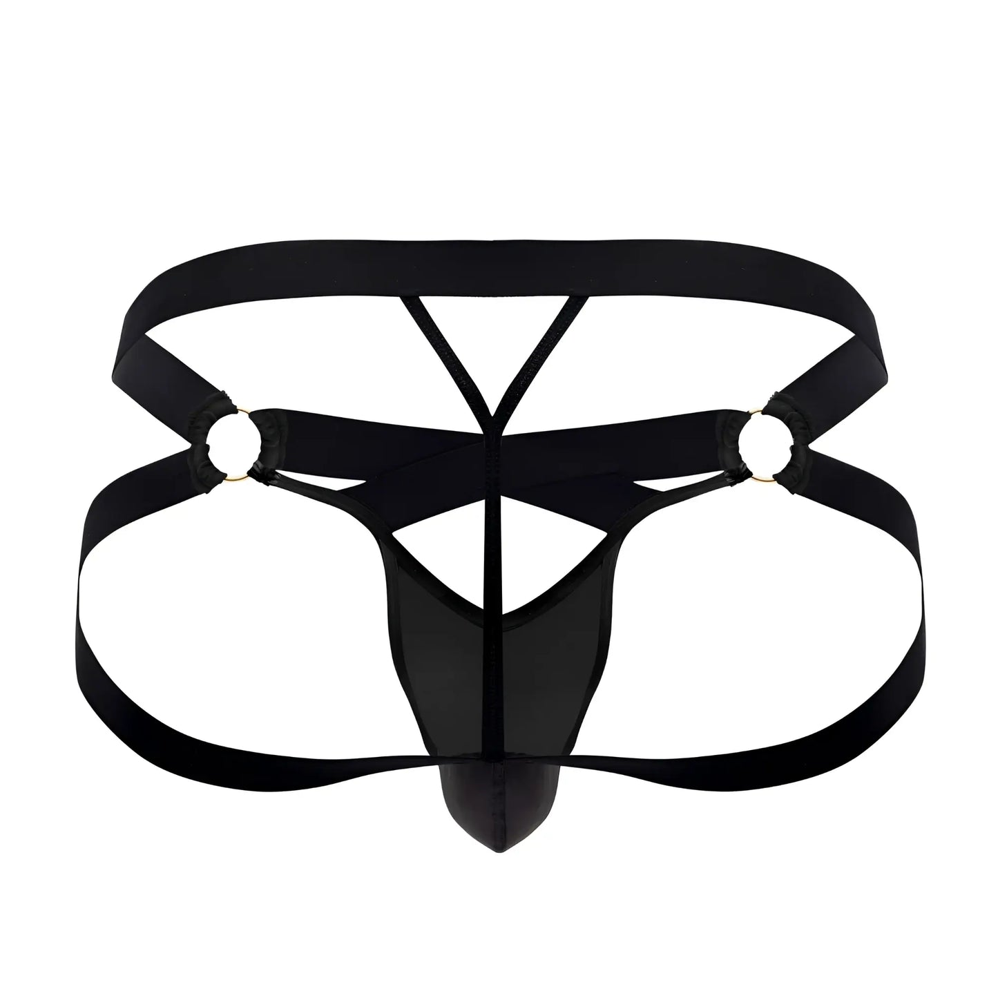 Black satin-like candyMan 99761 jock g-string briefs with crisscross design and metallic grommets in black