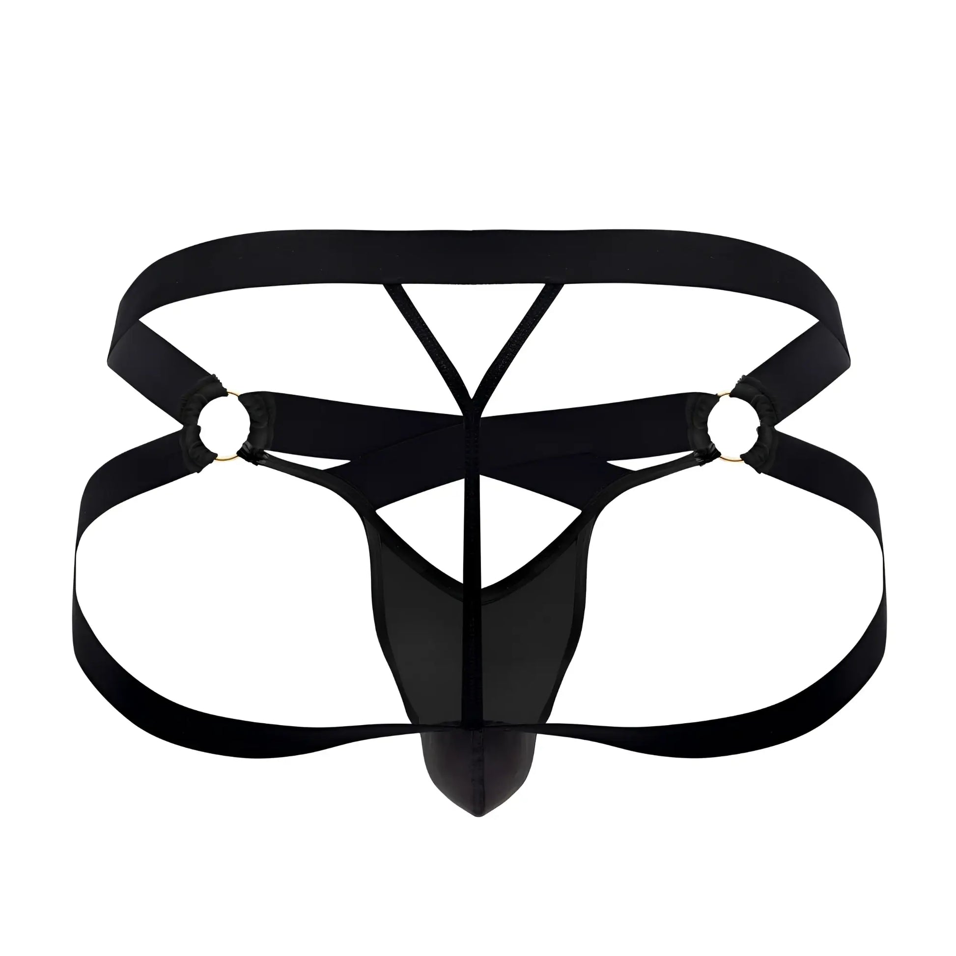 Black satin-like candyMan 99761 jock g-string briefs with crisscross design and metallic grommets in black
