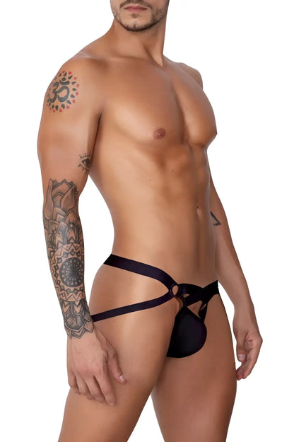 Black CandyMan 99761 jock g-string thong showing back with sleek crisscross design and form-fitting material