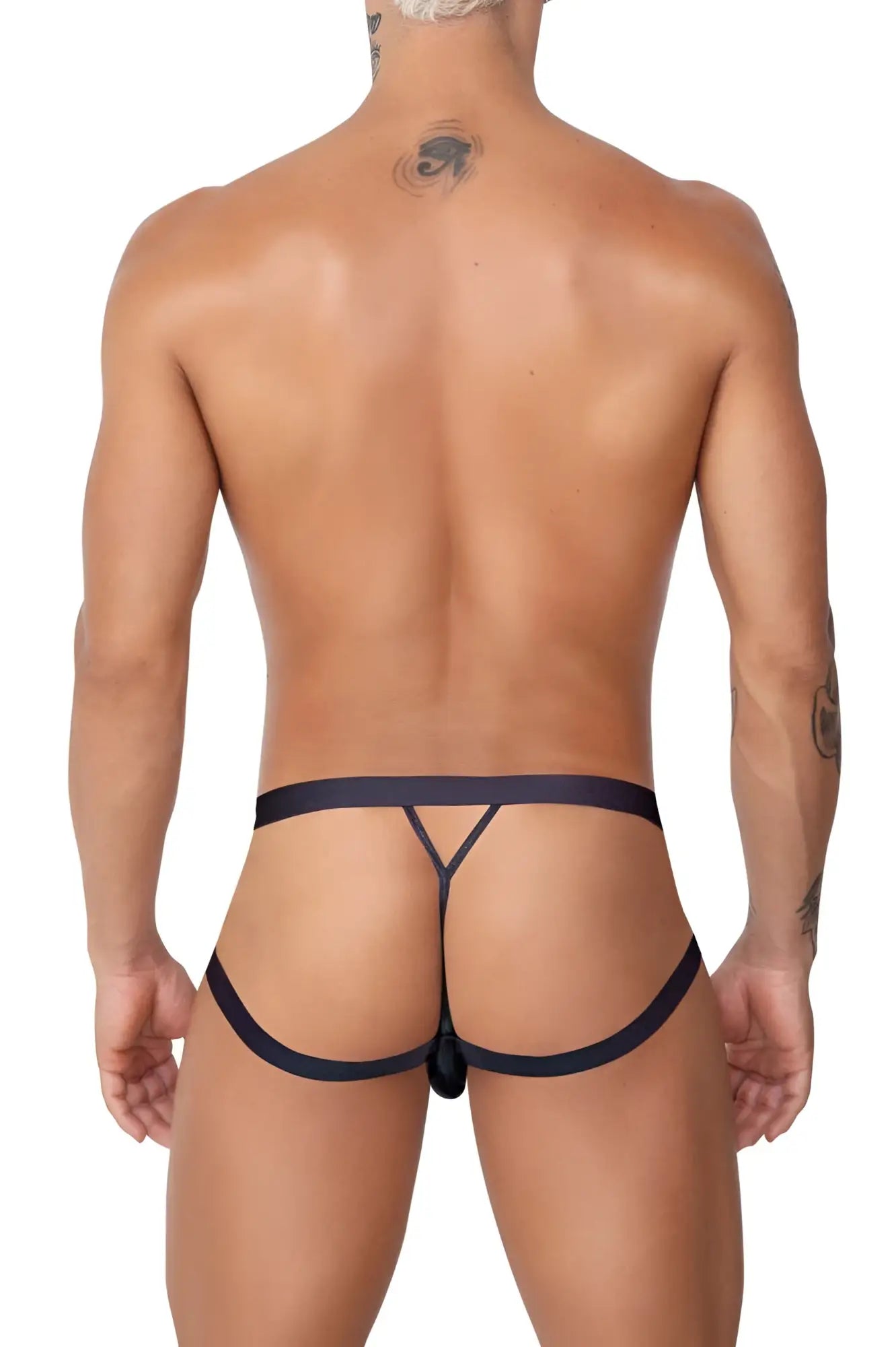 Black candyMan 99761 jock g-string thong with y-shaped design and central clasp shown from the back side