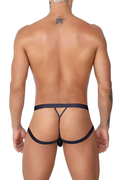 Black candyMan 99761 jock g-string thong with y-shaped design and central clasp shown from the back side