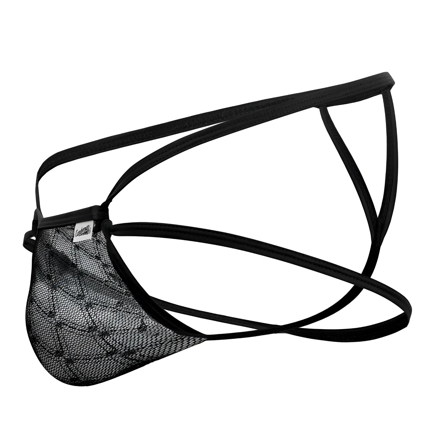 Black lace mesh brief with thin elastic straps candyMan 99762 jock g-string in black showing front view