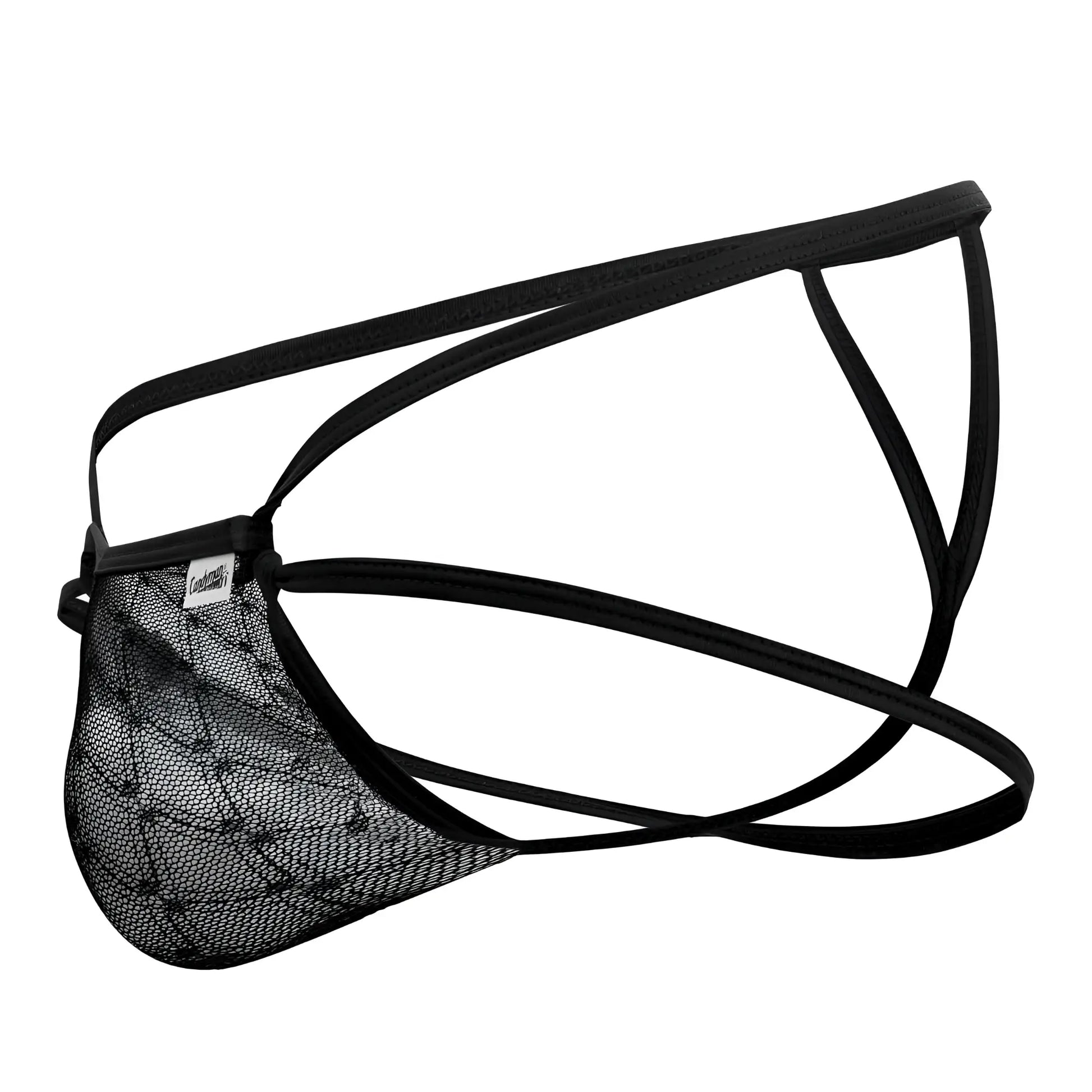 Black lace mesh brief with thin elastic straps candyMan 99762 jock g-string in black showing front view