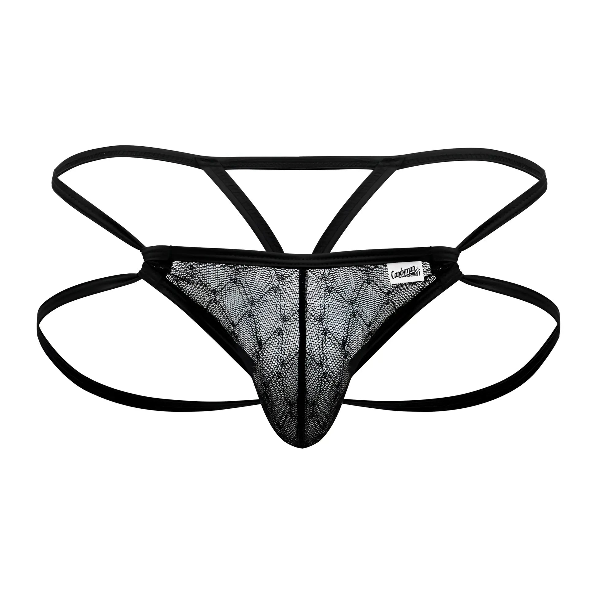 Black lace thong candyMan 99762 jock g-string in black with diamond-patterned mesh front and adjustable straps
