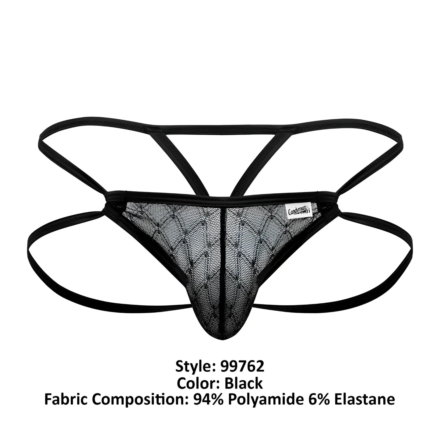 CandyMan 99762 black mesh thong with crisscross design and elastic straps shown from the back side