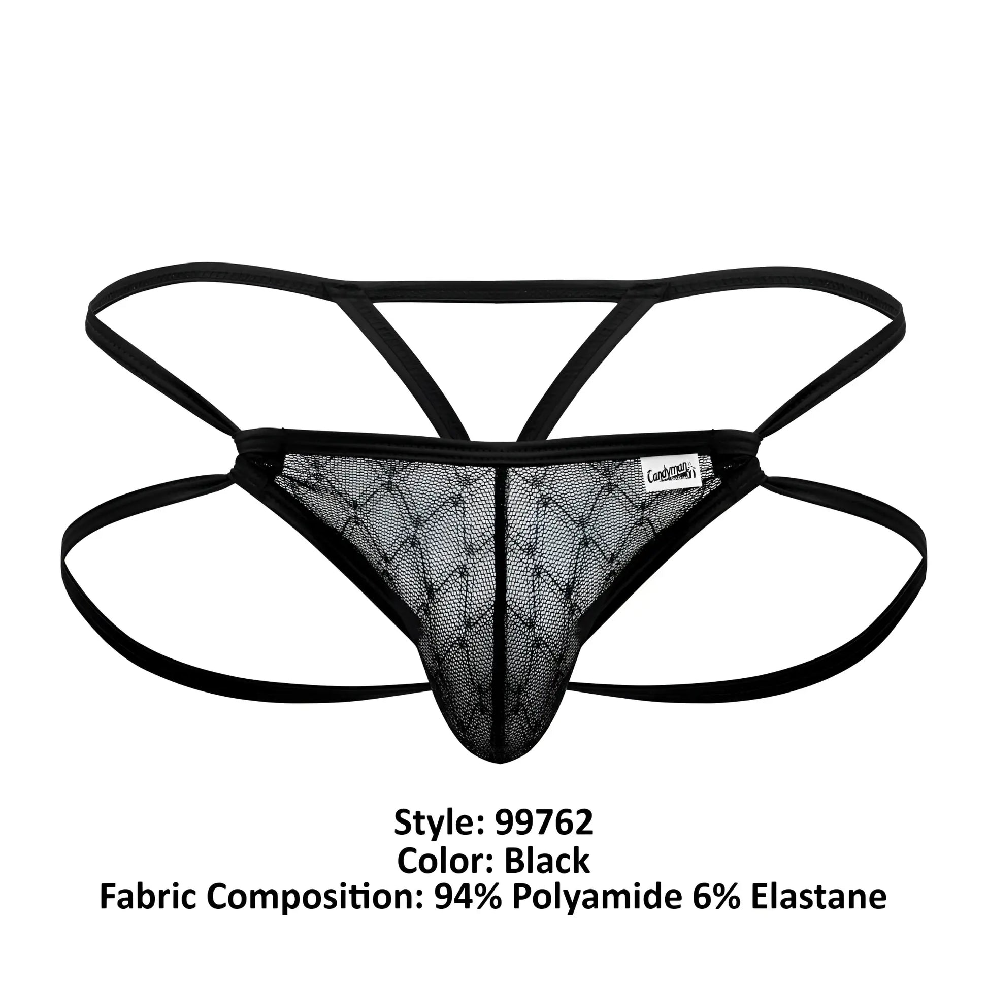 CandyMan 99762 black mesh thong with crisscross design and elastic straps shown from the back side