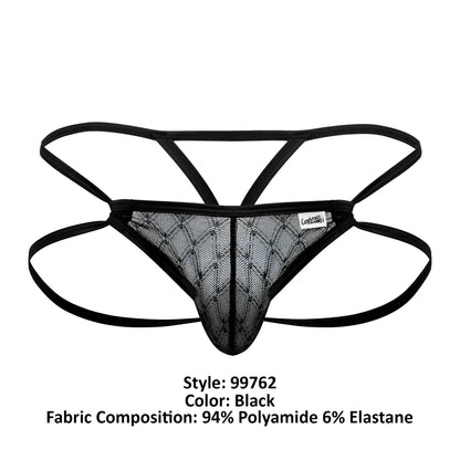 CandyMan 99762 black mesh thong with crisscross design and elastic straps shown from the back side