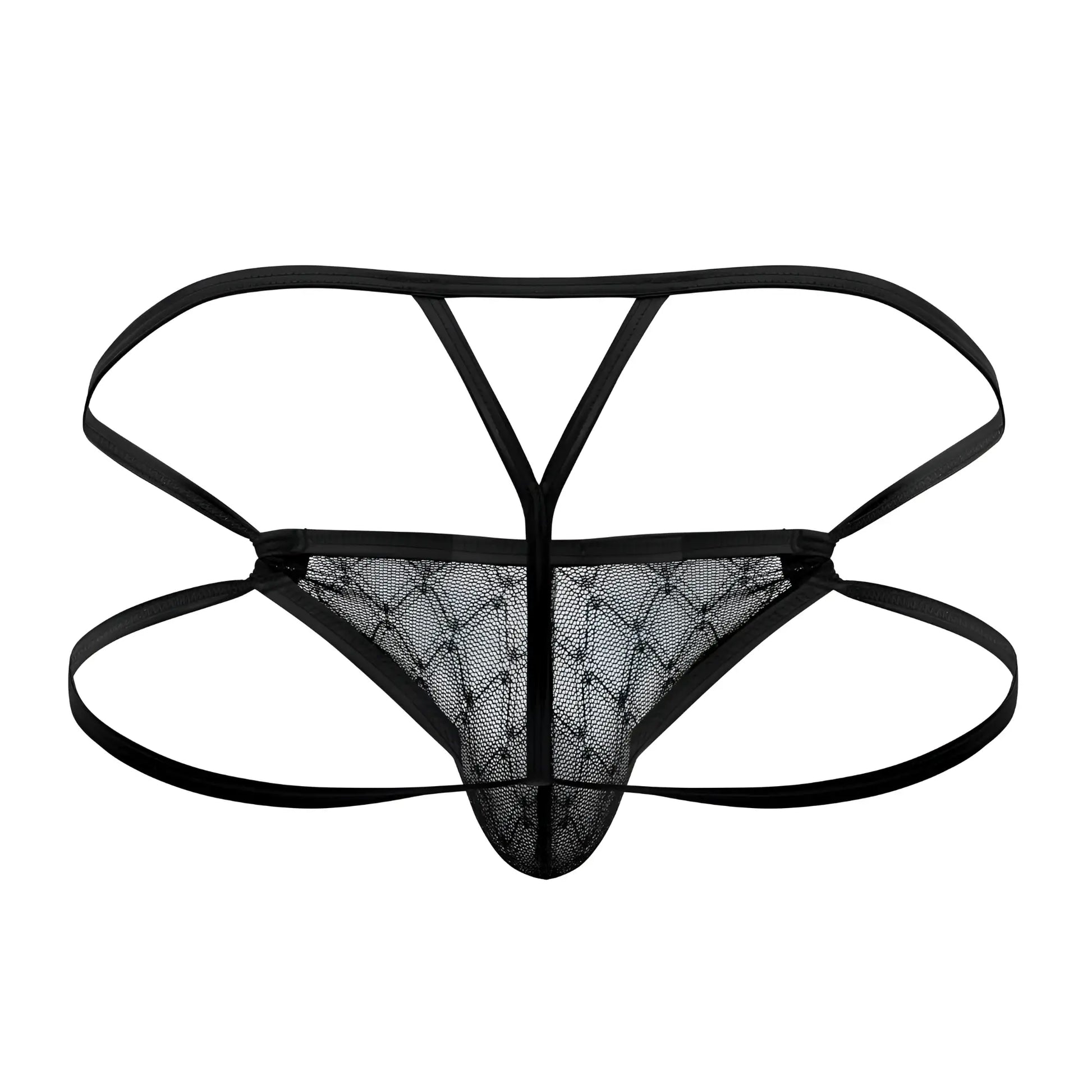 Black mesh thong CandyMan 99762 jock g-string with diamond-patterned design and thin adjustable straps shown from the back