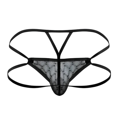 Black mesh thong CandyMan 99762 jock g-string with diamond-patterned design and thin adjustable straps shown from the back