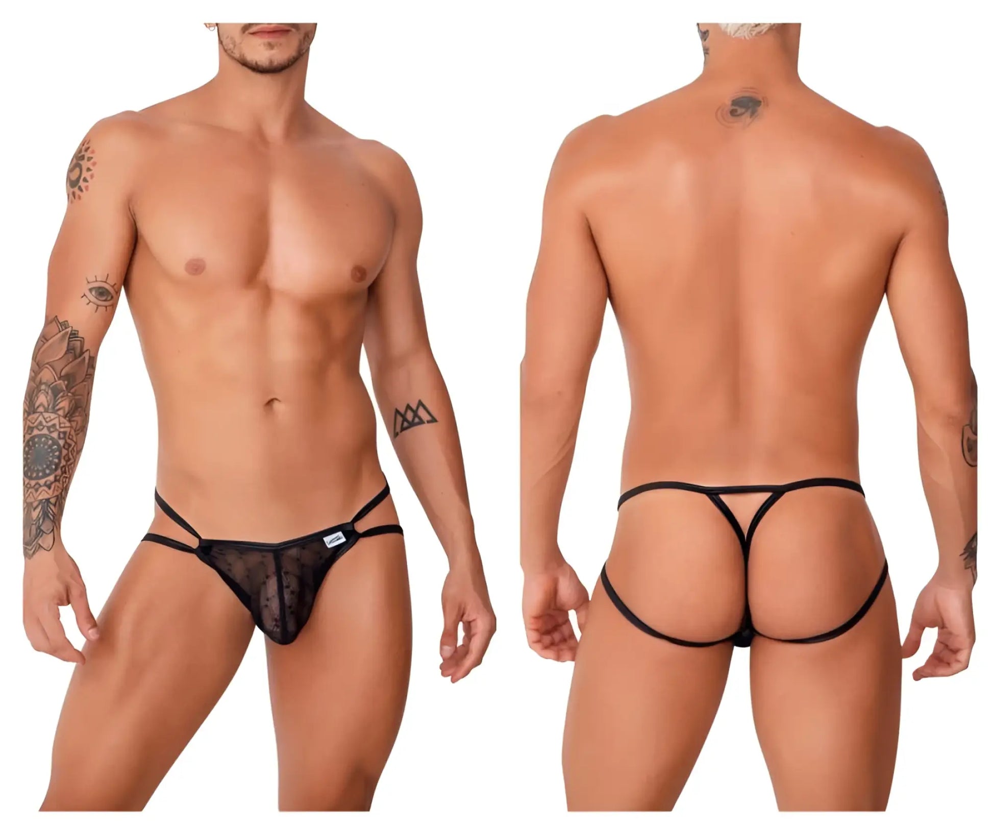 Black sheer lace thong with black elastic straps and white brand tag candyMan 99762 jock g-string color black