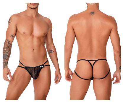 Black sheer lace thong with black elastic straps and white brand tag candyMan 99762 jock g-string color black