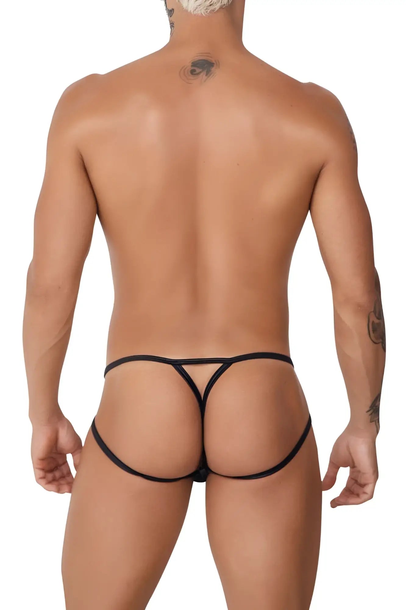 Black CandyMan 99762 jock g-string thong with thin straps and a distinctive triangular cutout design