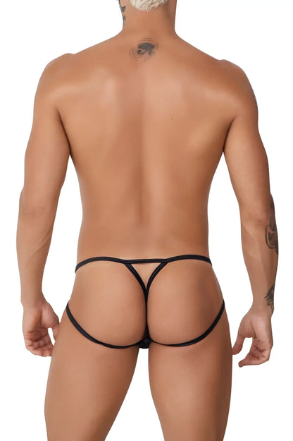 Black CandyMan 99762 jock g-string thong with thin straps and a distinctive triangular cutout design