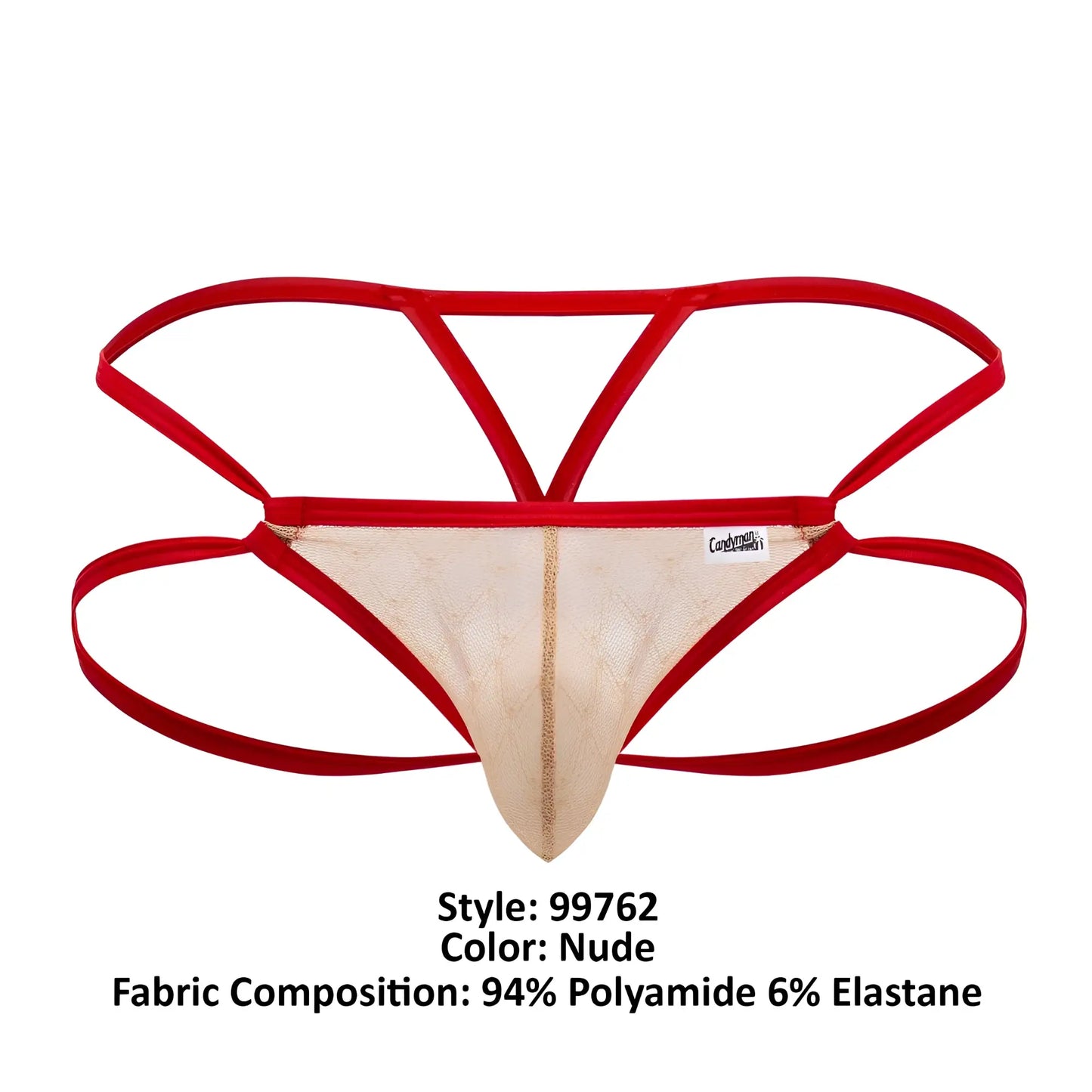 Nude-colored lace thong with bold red elastic straps and central gold-trimmed seam candy man 99762 jock g-string