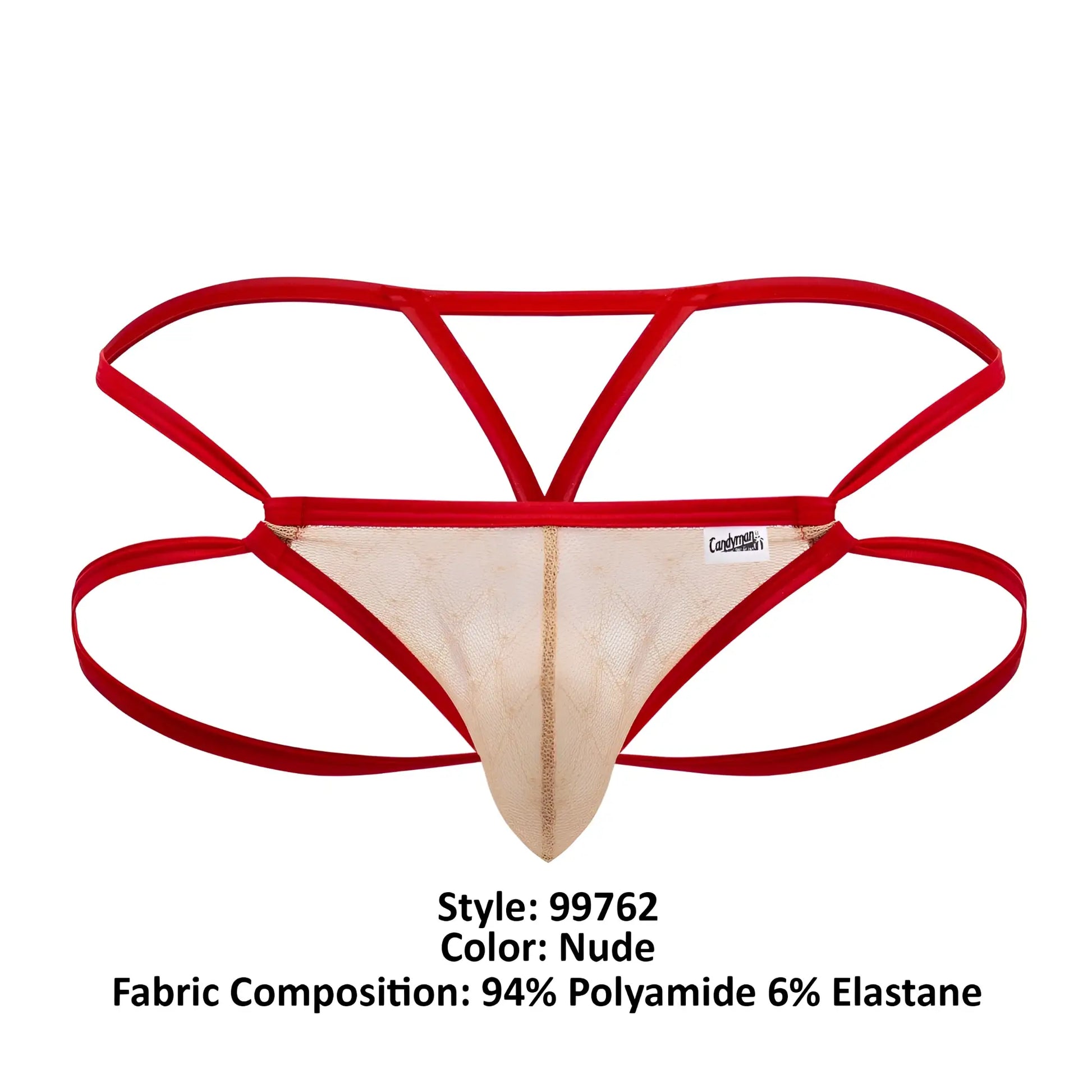 Nude-colored lace thong with bold red elastic straps and central gold-trimmed seam candy man 99762 jock g-string