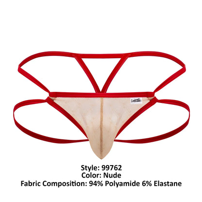 Nude-colored lace thong with bold red elastic straps and central gold-trimmed seam candy man 99762 jock g-string