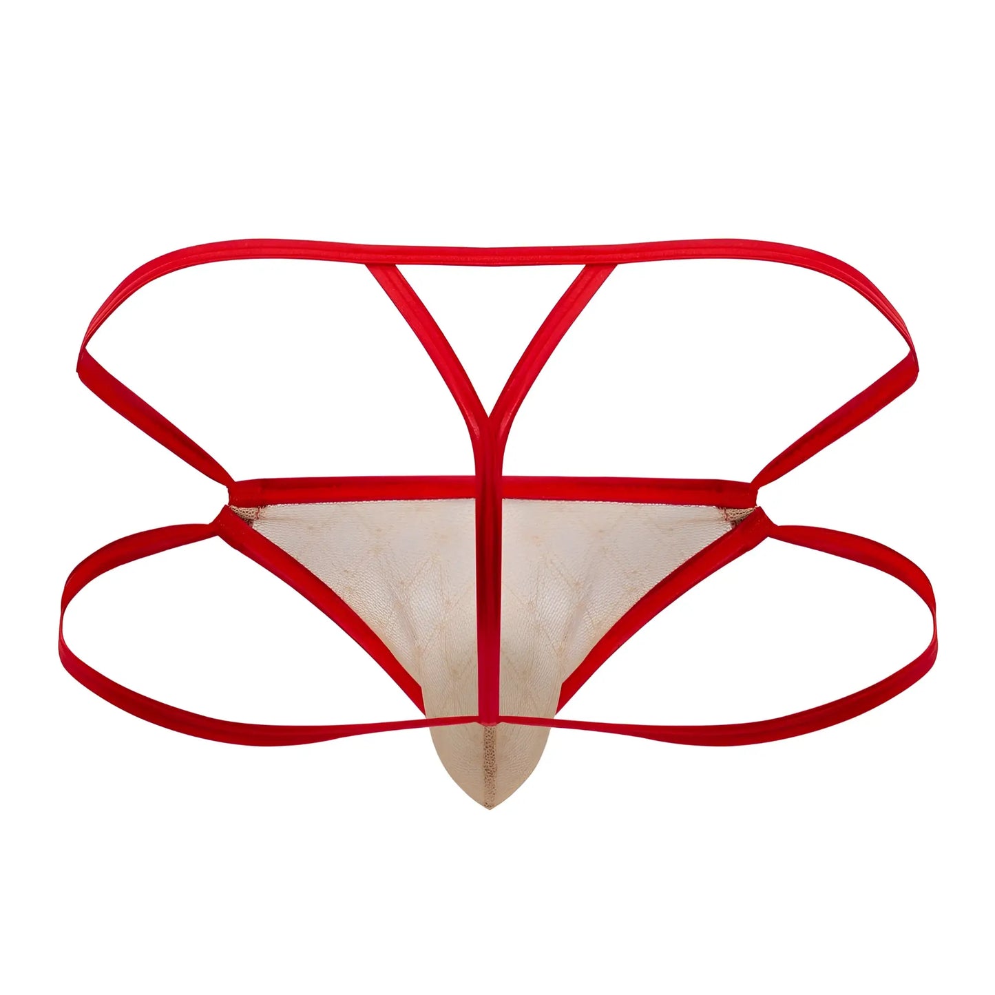 CandyMan 99762 jock g-string in nude color with red and beige lace and y-shaped strap design shown from the back