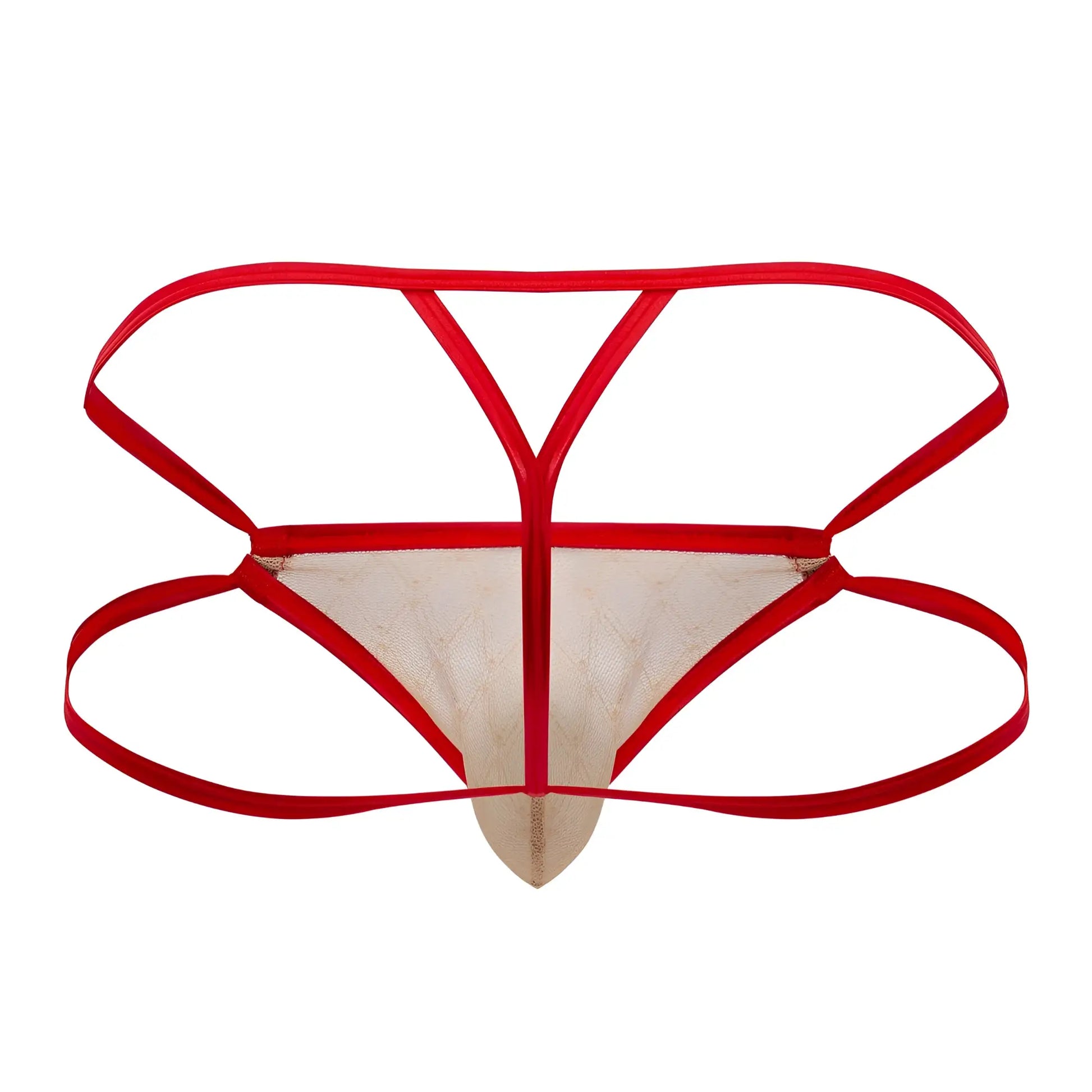 CandyMan 99762 jock g-string in nude color with red and beige lace and y-shaped strap design shown from the back