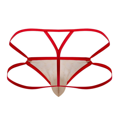 CandyMan 99762 jock g-string in nude color with red and beige lace and y-shaped strap design shown from the back