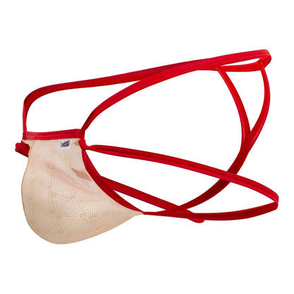 CandyMan 99762 jock g-string in nude with red mesh briefs, beige lace front panel, and adjustable straps