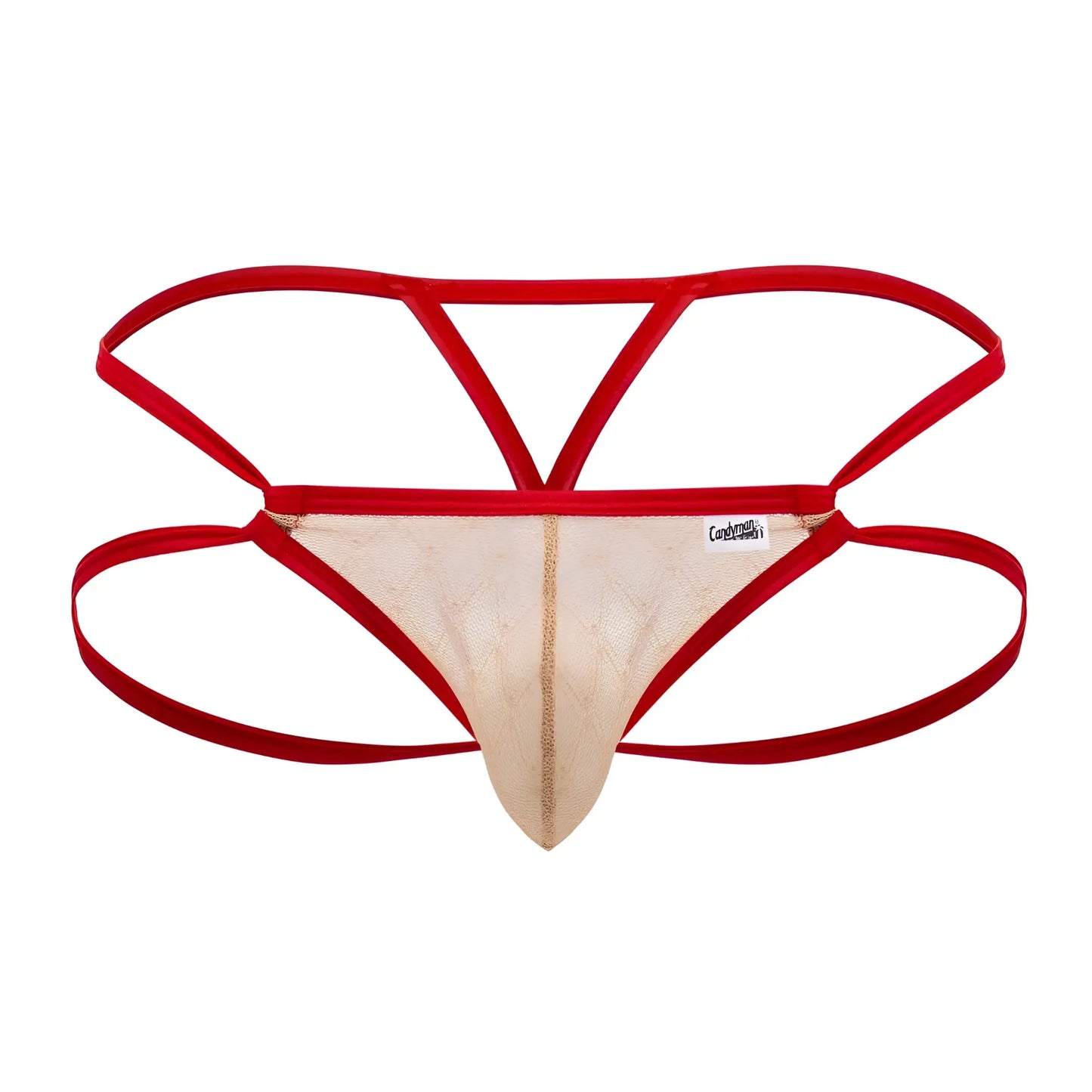CandyMan 99762 jock g-string in nude beige lace with red trim featuring a sleek minimalist design