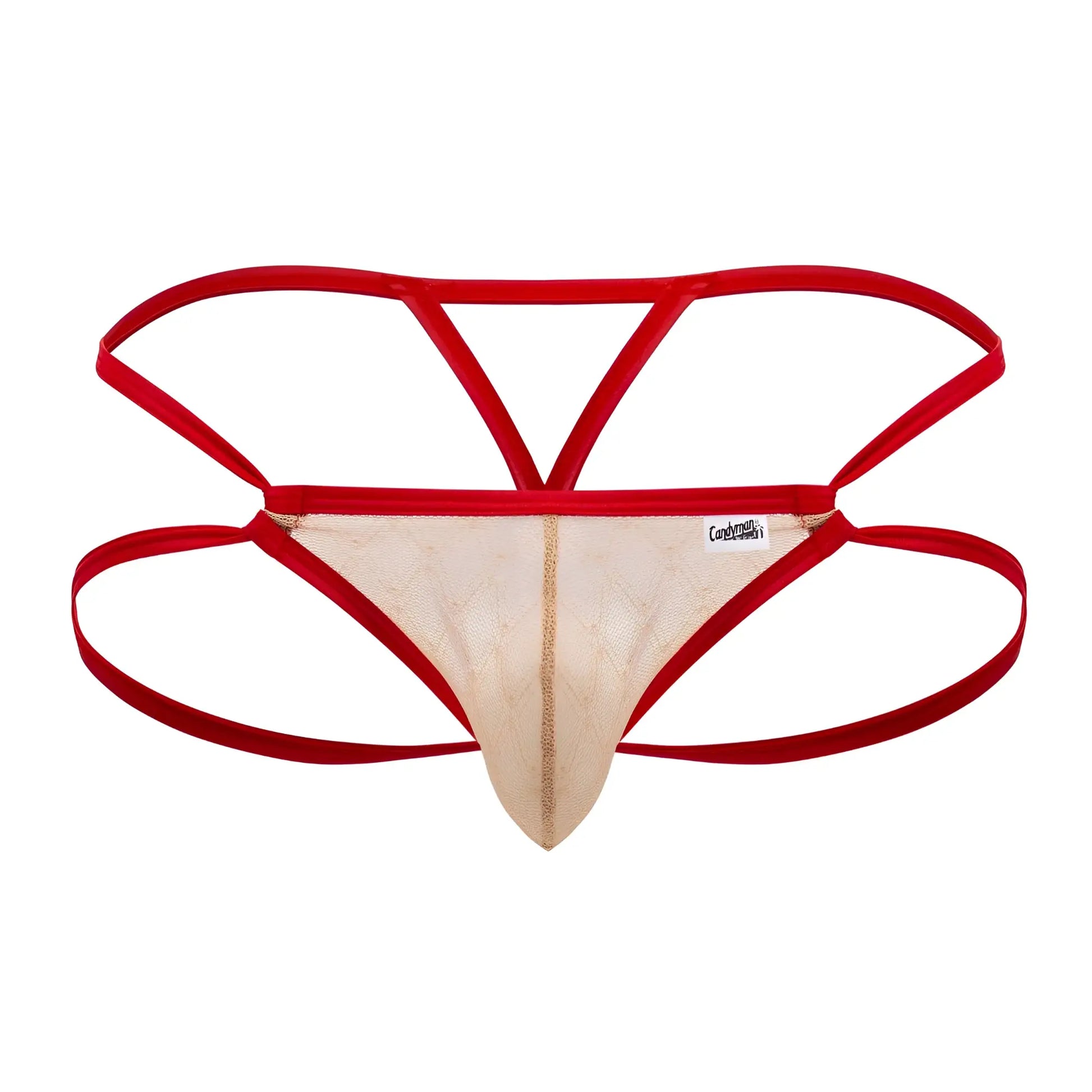 CandyMan 99762 jock g-string in nude beige lace with red trim featuring a sleek minimalist design