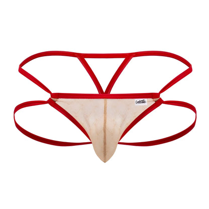 CandyMan 99762 jock g-string in nude beige lace with red trim featuring a sleek minimalist design