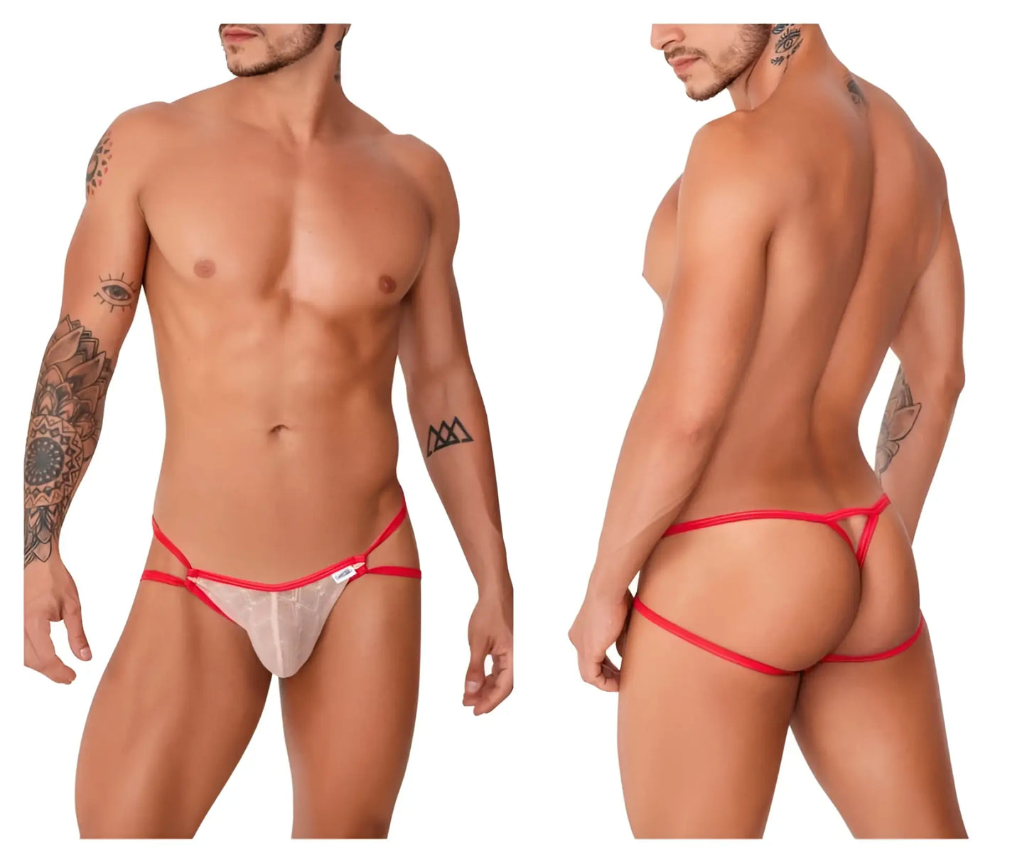 Red and white lace thong with transparent mesh front in candyMan 99762 jock g-string color nude
