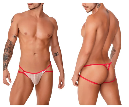Red and white lace thong with transparent mesh front in candyMan 99762 jock g-string color nude