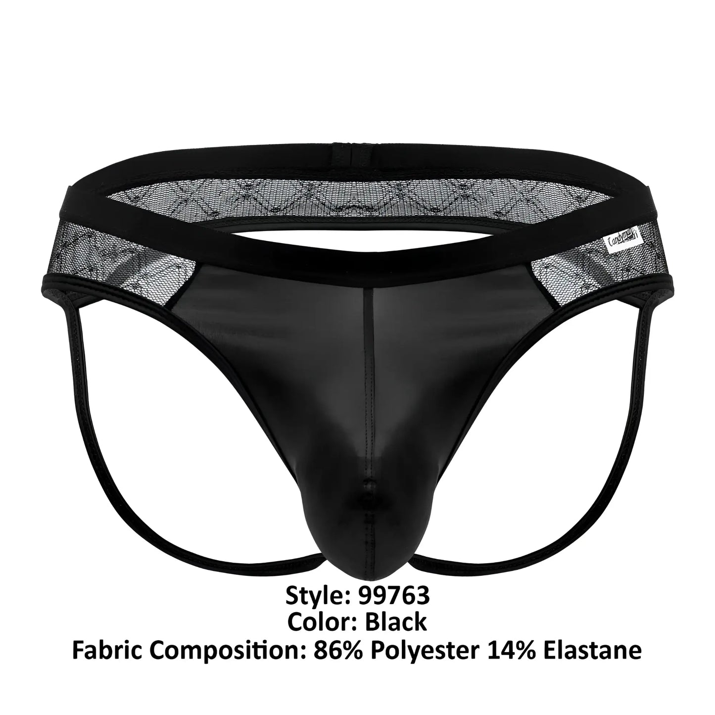 Candyman 99763 lace jockstrap black men’s thong with shiny smooth front panel and sheer mesh side panels