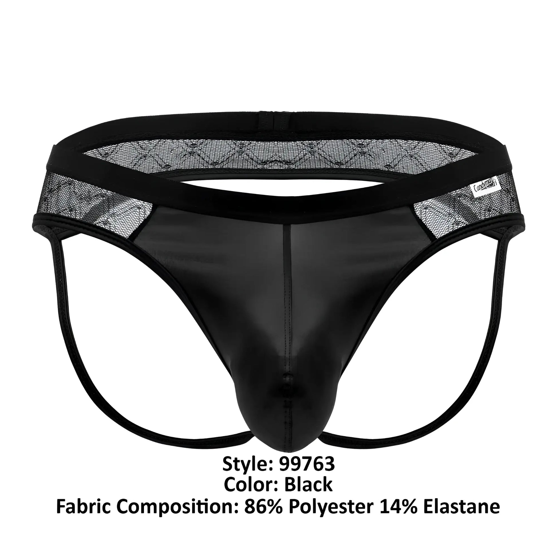 Candyman 99763 lace jockstrap black men’s thong with shiny smooth front panel and sheer mesh side panels