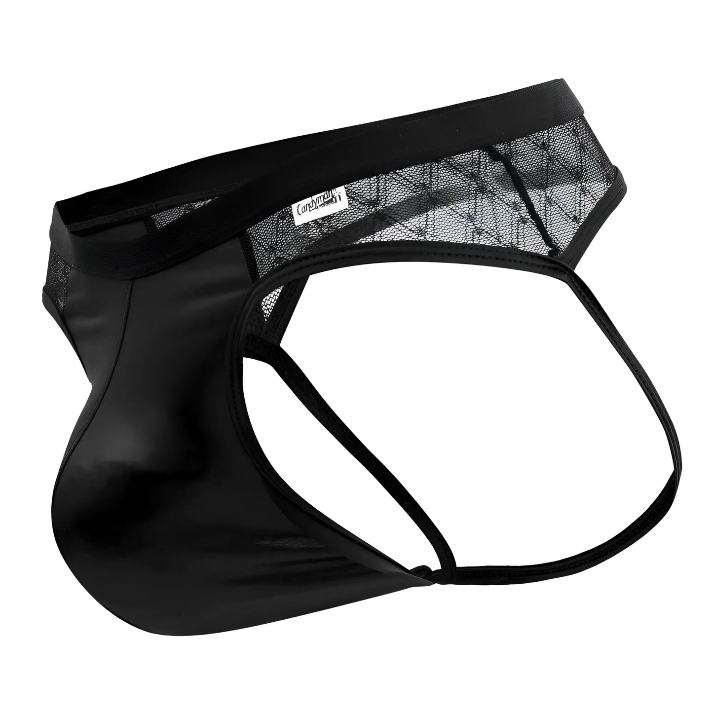 Black satin-like candyMan 99763 lace jockstrap with mesh panel and elastic waistband showing front side