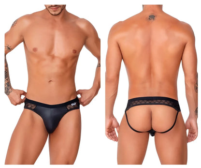 Black lace-trimmed CandyMan 99763 lace jockstrap with smooth glossy finish men’s briefs front view