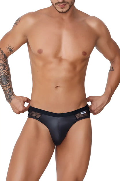 Black CandyMan 99763 lace jockstrap briefs with lace trim and a sleek, form-fitting design