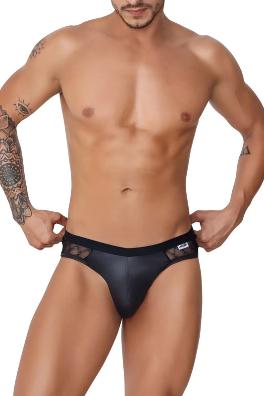 Black CandyMan 99763 lace jockstrap briefs with lace trim and a sleek, form-fitting design