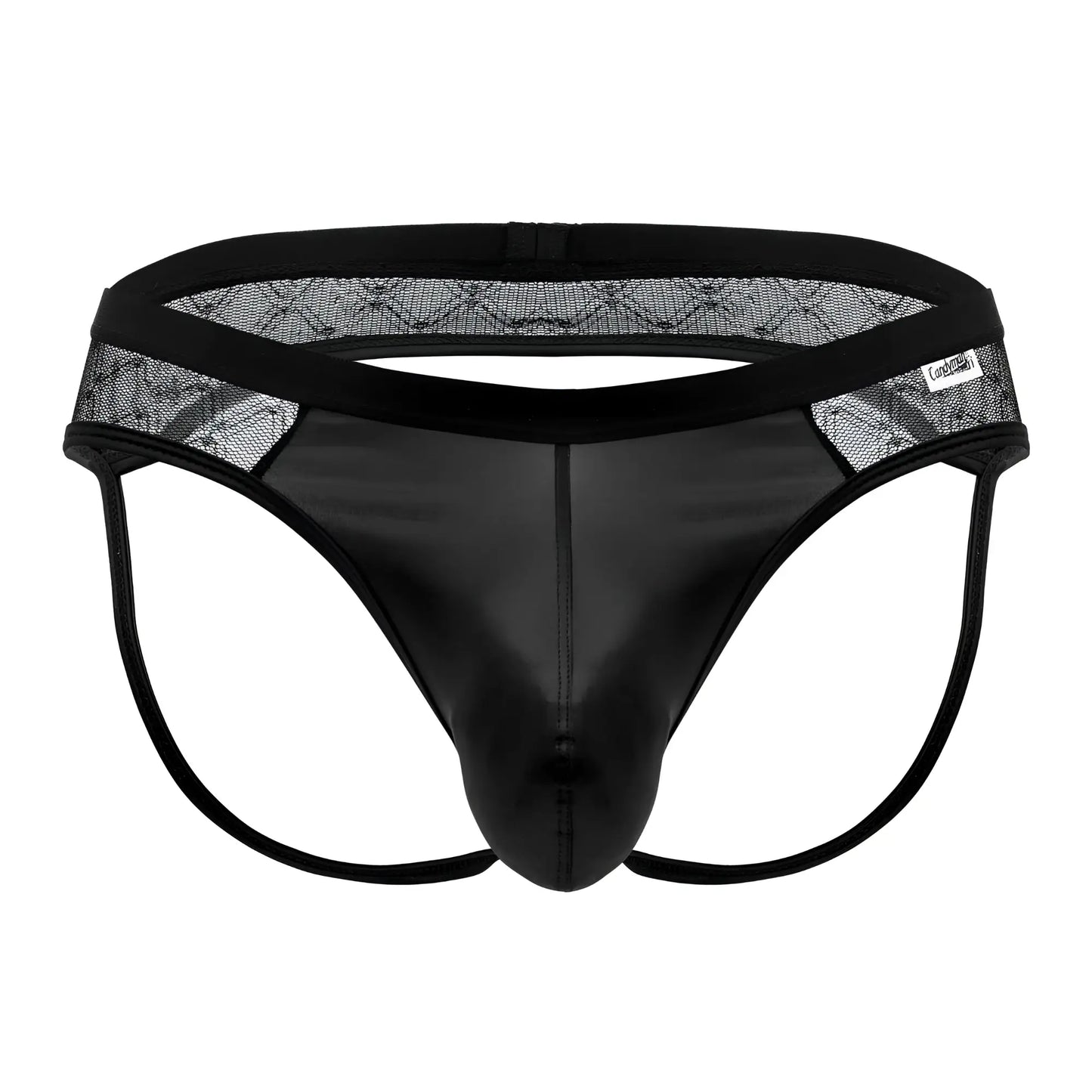 Black lace-trimmed thong with glossy patent leather-like front panel and adjustable straps candyMan 99763 lace jockstrap