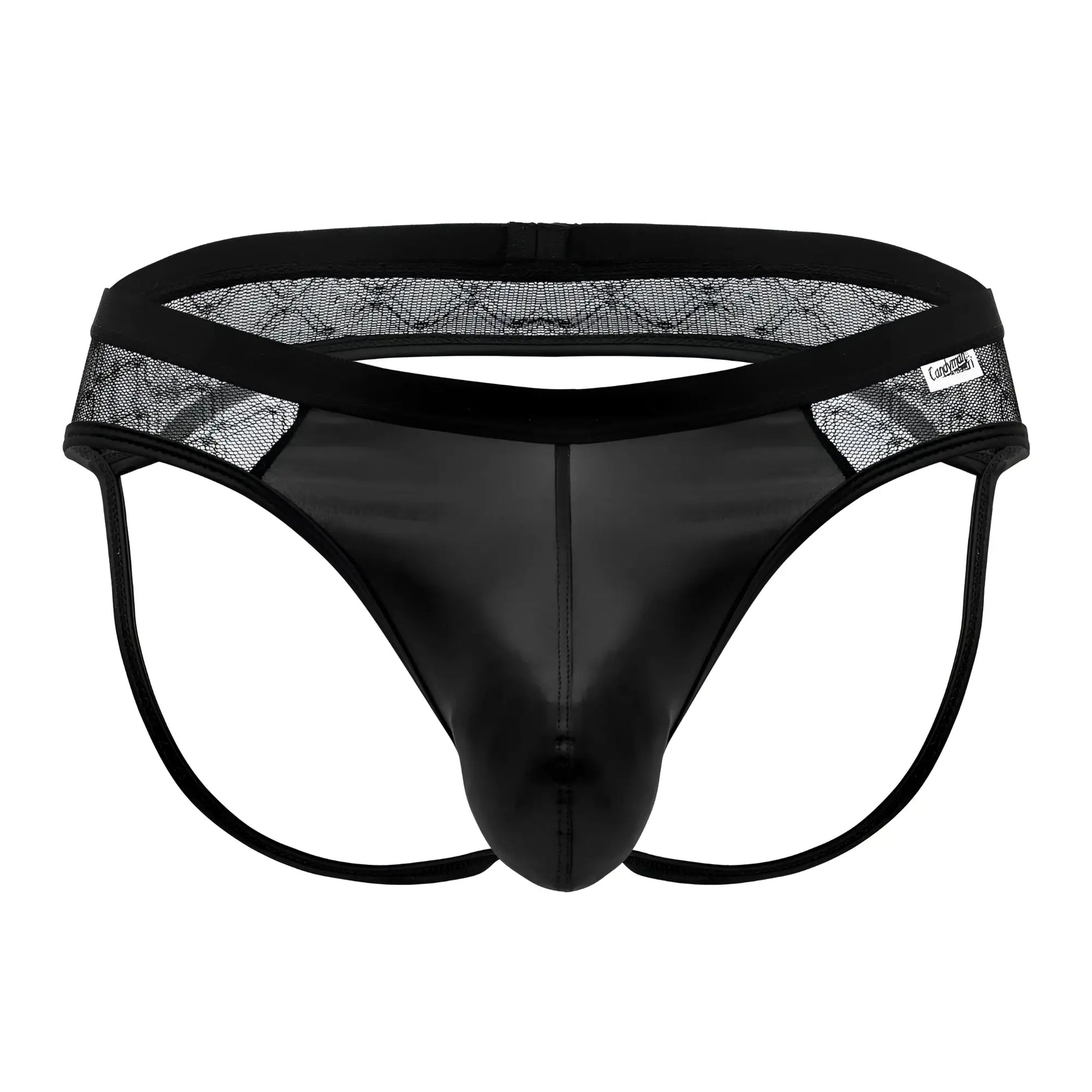 Black lace-trimmed thong with glossy patent leather-like front panel and adjustable straps candyMan 99763 lace jockstrap