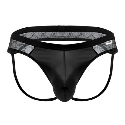 Black lace-trimmed thong with glossy patent leather-like front panel and adjustable straps candyMan 99763 lace jockstrap