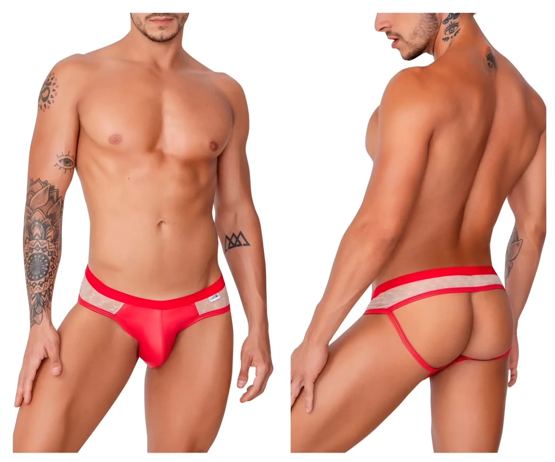 Red and beige mesh CandyMan 99763 lace jockstrap with bold red waistband in nude-red color