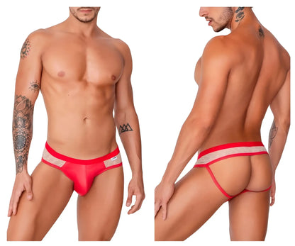 Red and beige mesh CandyMan 99763 lace jockstrap with bold red waistband in nude-red color