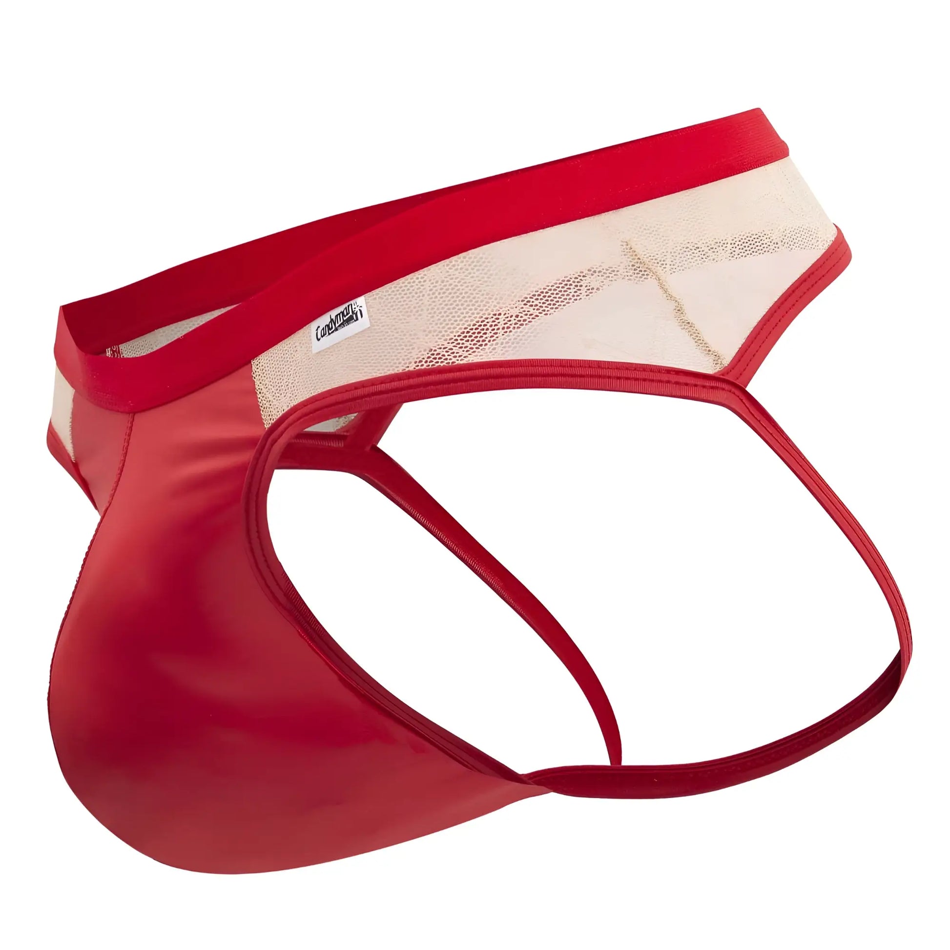 Candyman 99763 lace jockstrap in nude red featuring red and beige mesh briefs with a glossy red front panel