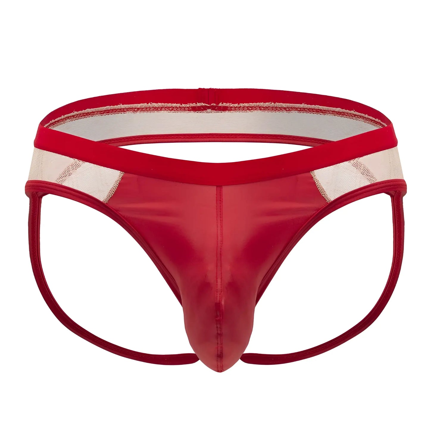 Candyman 99763 lace jockstrap in nude red with red patent leather thong front and white mesh panel detail