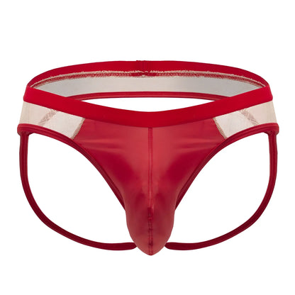 Candyman 99763 lace jockstrap in nude red with red patent leather thong front and white mesh panel detail