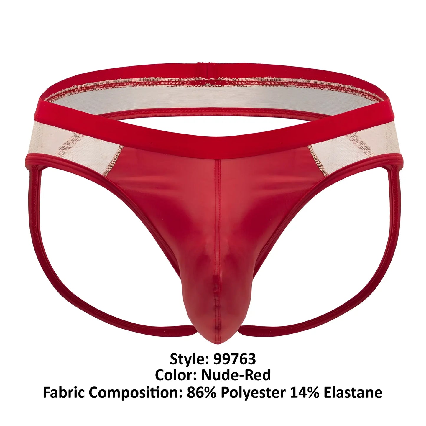 CandyMan 99763 lace jockstrap in nude red with shiny polyester elastane and beige mesh waistband panel