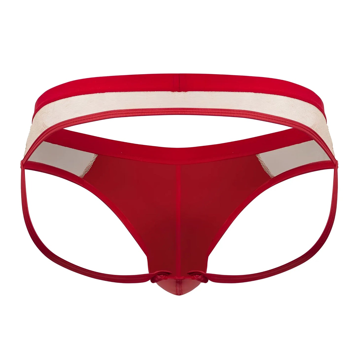 Candyman 99763 lace jockstrap in nude red with a red and white mesh thong and solid red front panel