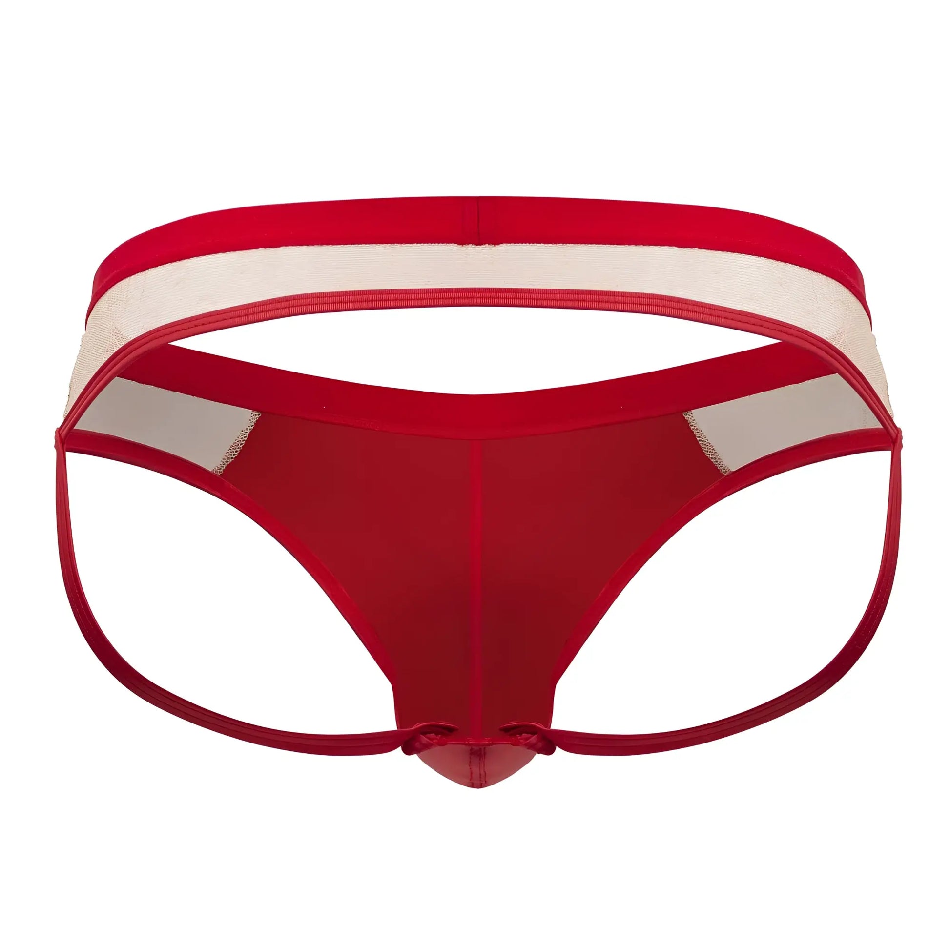Candyman 99763 lace jockstrap in nude red with a red and white mesh thong and solid red front panel